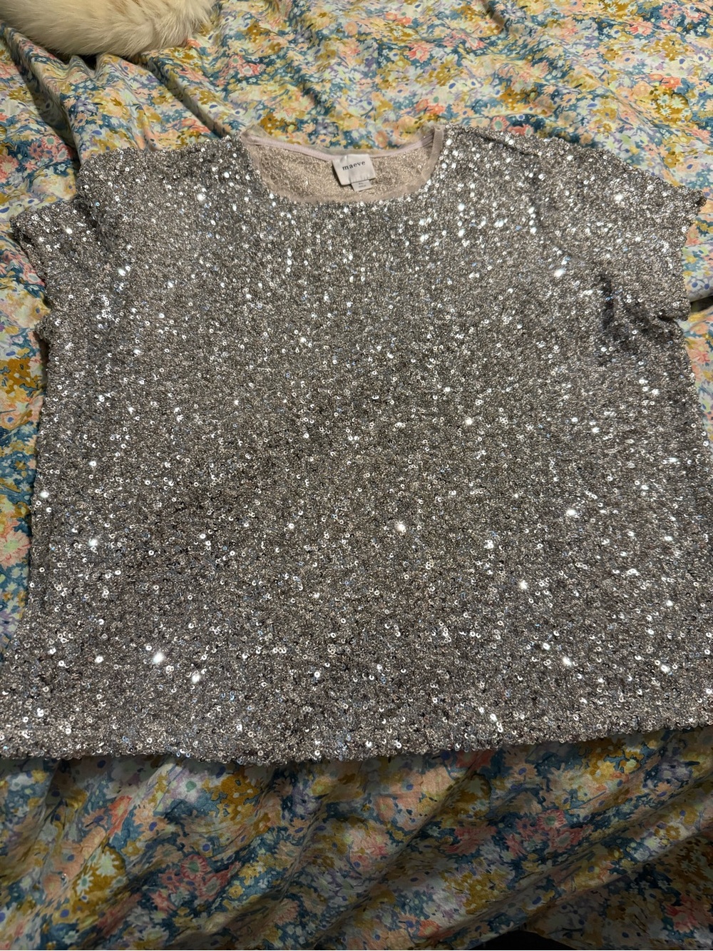 Anthropologie Silver Sequin Short-Sleeve Crop Top